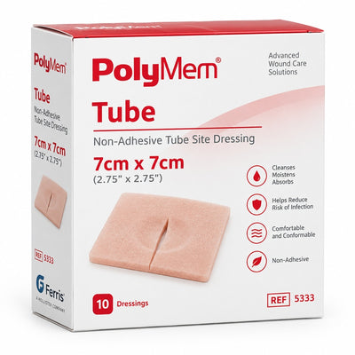 PolyMem Tube non-adhesive tube site dressing 9cm x 9cm reference 5335 on white background