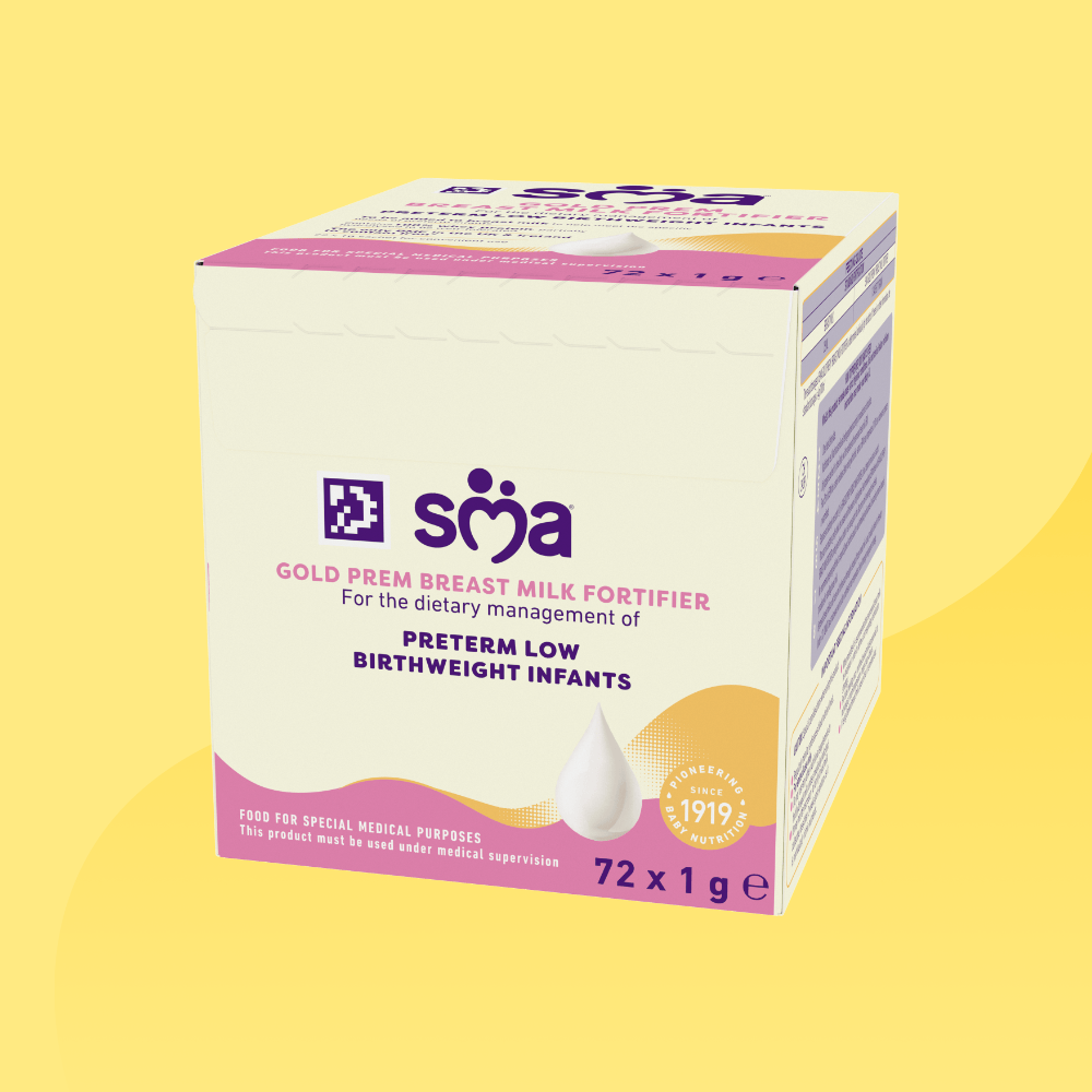 SMA Gold Prem breast milk fortifier packaging on a yellow background