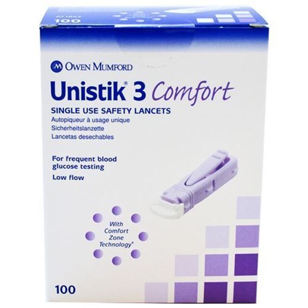 Unistik 3 Comfort safety lancets 28G 1.8mm pack of 100 Owen Mumford front packaging