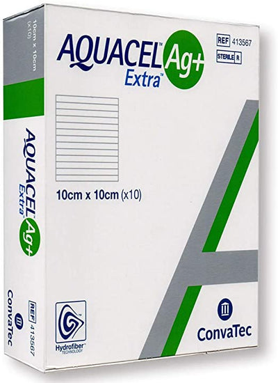 Aquacel AG+ Extra Silver Hydrofiber Wound Dressings 10cm x 10cm 4"x4" 413567 (Pack of 10) | EasyMeds Pharmacy