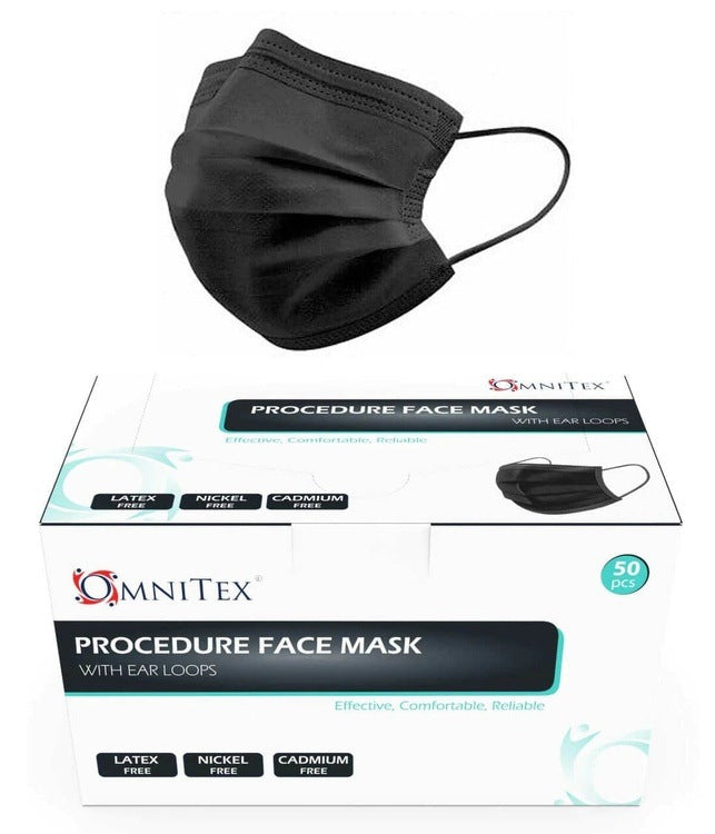 Black Omnitex 3ply Fluid Resistant Type IIR Surgical Face Mask/Ear Loops (Pack of 50) | EasyMeds Pharmacy