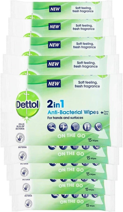 Dettol 2-in-1 Antibacterial On-the-Go Wipes for Hands and Surfaces, 9 x 15 wipes, Total 135 Wipes | EasyMeds Pharmacy