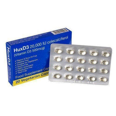 Halal Vitamin D3 Hux D3 20000iu Vitamin Food Supplement Vegetarian/Kosher Capsules x 20 | EasyMeds Pharmacy