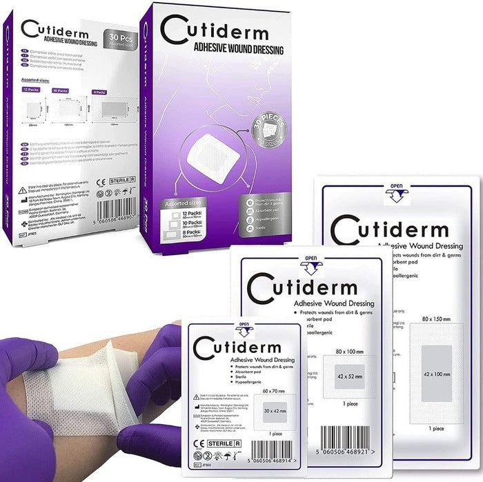 Pack of 30 Cutiderm Assorted Adhesive Wound Dressing Suitable for cuts and grazes, Diabetic Leg ulcers, venous Leg ulcers, Small Pressure sores | EasyMeds Pharmacy