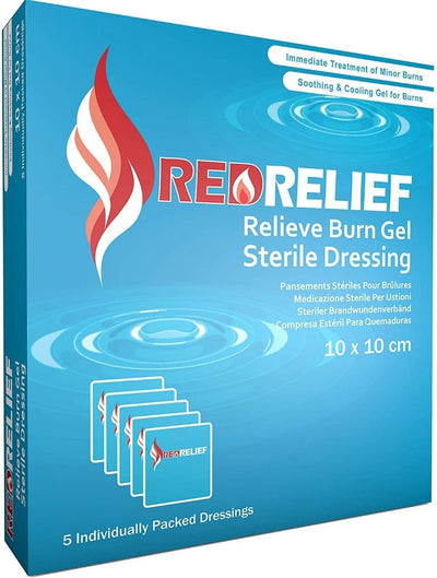 Pack of 5 RedRelief Emergency 10x10cm Burn Dressing - cools, soothes and relieves pain | EasyMeds Pharmacy